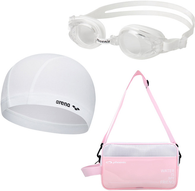 생존수영 키트 아레나 스판 수모+피닉스 아동 수경 PN-509J+피닉스 가방 PSB-500, 1개, 수경 화이트, 가방 핑크