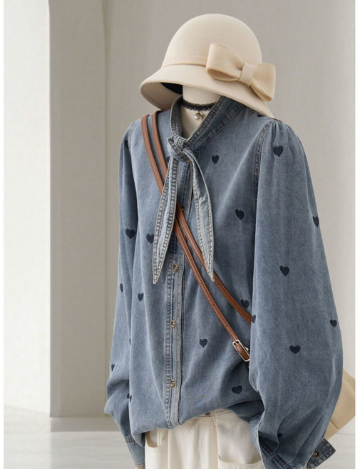 여성 긴팔 데님 셔츠 봄 가을 캐주얼 청남방 기질 여자 하트 자수 데님 남방 상의 ZZL
