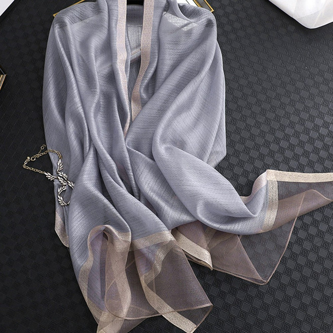 Anna*Sofia 真絲羊毛混紡大尺寸披肩絲巾圍巾 銀灰系 蔥點飾條透紗下擺