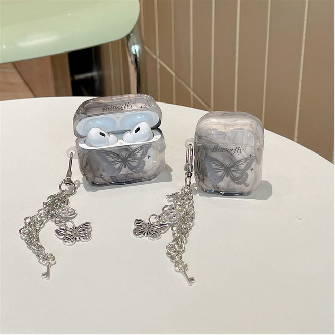 에르모사 에어팟 케이스 키링 세트 미드나잇 버터플라이 TPU, 실버, 에어팟프로