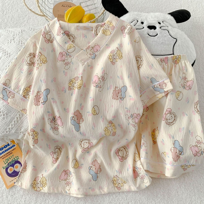 少女V領短袖睡衣家居服兩件套