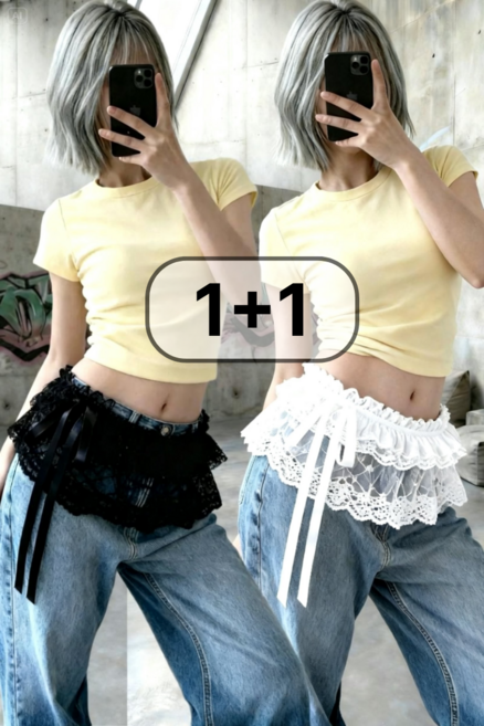 디블리 1+1 화이트+블랙 밴드형 프릴 레이스 레이어드 쉬폰 시스루 미니 랩 스커트