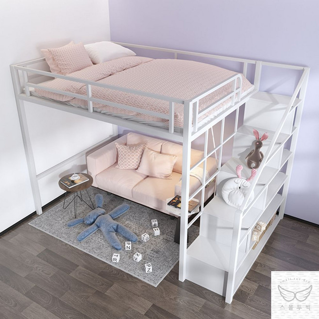 고효율 낮은 벙커침대 슈퍼싱글 프레임 수납 원룸 아이 계단 철제 사다리 좌식 책상 옷장, 화이트 스탠다드