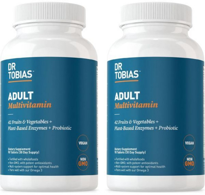 여성 남성 닥터 토비아스 성인 종합 비타민 42가지 일 채소 플러스 프로바이오틱스 에너지 일일 비 GMO 180정 60인분, 90 Count (Pack of 2), 90정