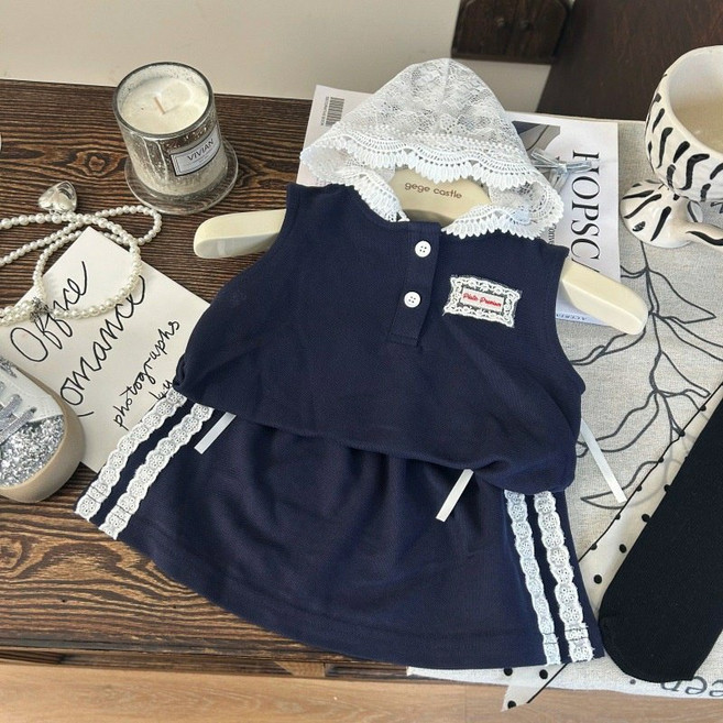 아짱 키즈여아 여아 투피스 아기 아동 여름 치마 등원 유치원 레이스 후드 티 치마세트