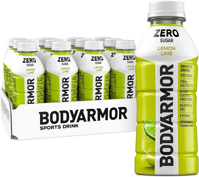 BODYARMOR ZERO 슈가 오렌지 전해질 음료 맛 473.2ml16온스 병 12팩 비타민 B 물질 무설탕 하이드레이션 221054, Lemon Lime, 20 Ounce (Pack of 6)