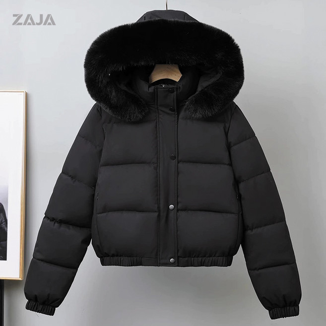 ZAJA 여성 겨울 오리털 패딩 기모 후드 재킷 퍼 칼라 숏 패딩 코트