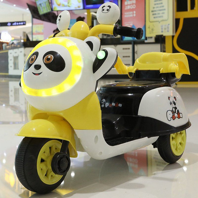유아용 스쿠터 팬더얼굴 어린이 전기 오토바이 세발 자전거 장난감 자동차 원격제어 충전형, 전기 구동, 노란색+ 음악조명, 1개