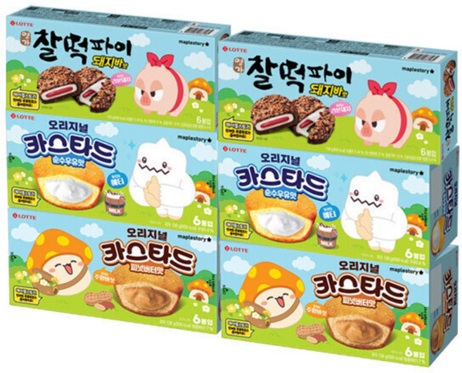 (롯데신상) 찰떡파이 돼지바 150g+카스타드 순우유맛 138g+피넛버터맛 138g, 1세트, 각2개(총6개)