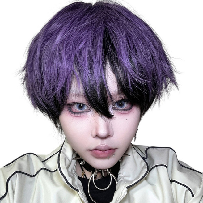 가발위드 여성 통가발 투톤 짧은머리 코스프레 레이어드 숏컷 라벤더울퍼, 1개, 블랙퍼플