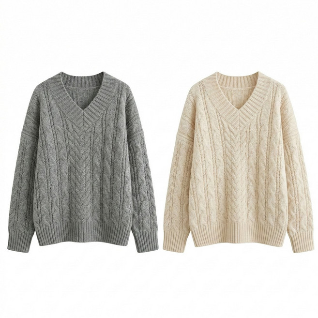 리벨르 여성 브이넥 니트티 꽈배기 스웨터 티셔츠 2종 세트