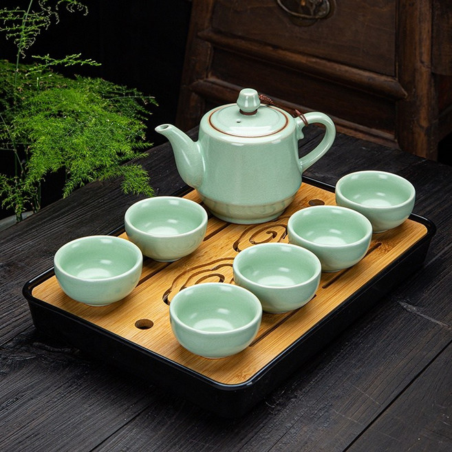 汝窯過濾茶壺 410ml 功夫茶具, 1個, 天青茶壺410ml一壺六杯帶茶盤
