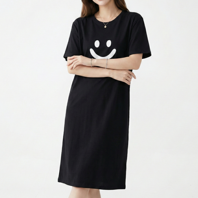 IAWI 여성용 스마일 반팔 원피스 잠옷 오버핏 빅사이즈 편안한 파자마