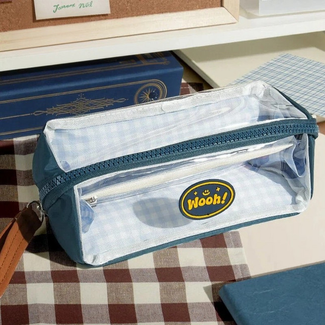 앤루프 3단 투명 필통 대용량 멀티 수납 파우치, 1개, 블루체크