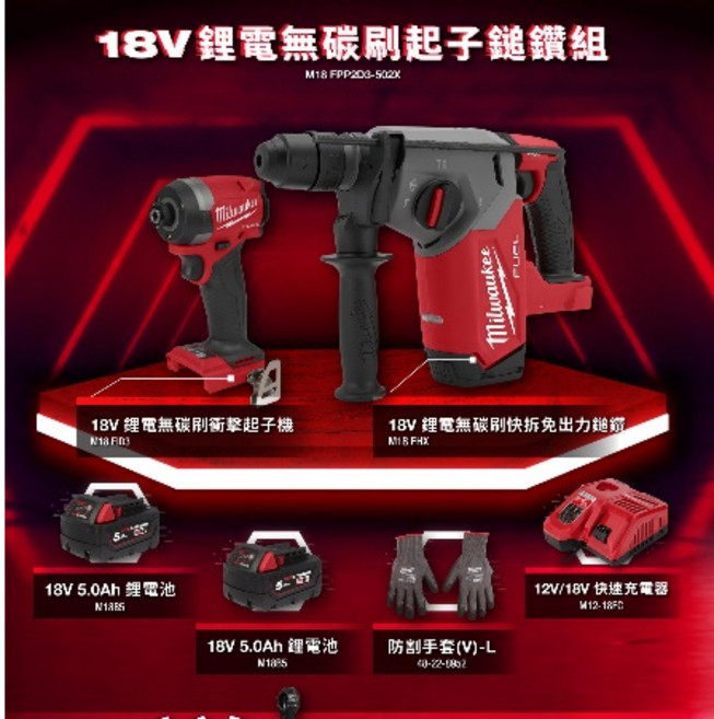 Milwaukee 18V 鋰電無碳刷 鎚鑽 起子 雙機組, 1個