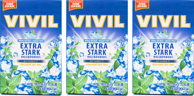 비빌 캔디 사탕 엑스트라 스트롱 43g 무설탕 천연재료 독일 목캔디 멘톨 페퍼민트향, 3개