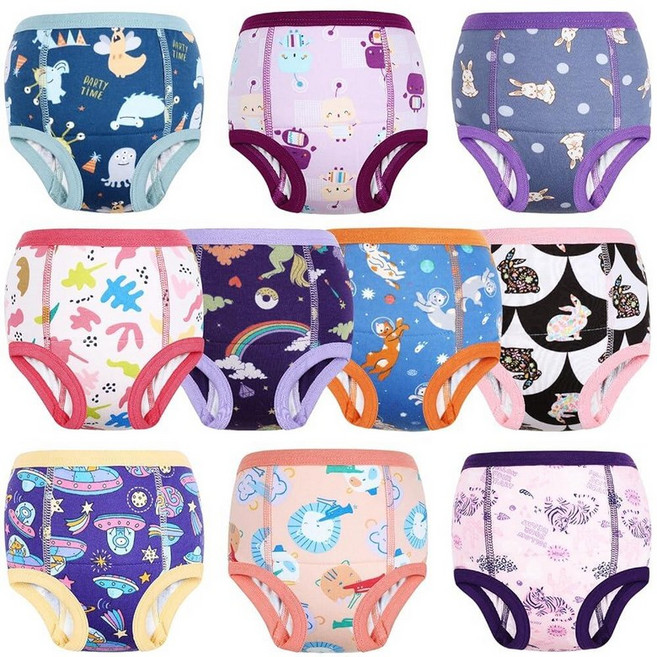 MOEMOE BABY 훈련 속옷 10팩 흡수성 배변 훈련 바지 남아 및 여아용 면 소변 바지 2-9T 초록색. 만2세