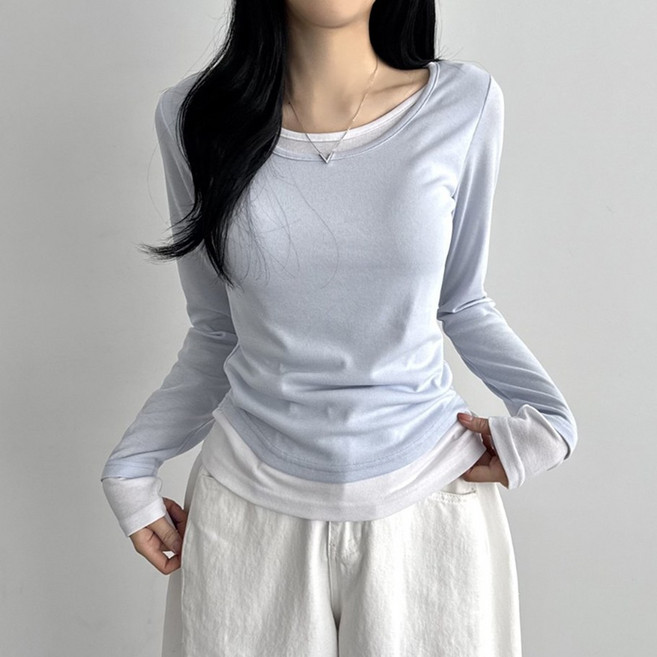 바이어스 여성 봄신상 배색 레이어드 라운드 앏은 기본 긴팔티