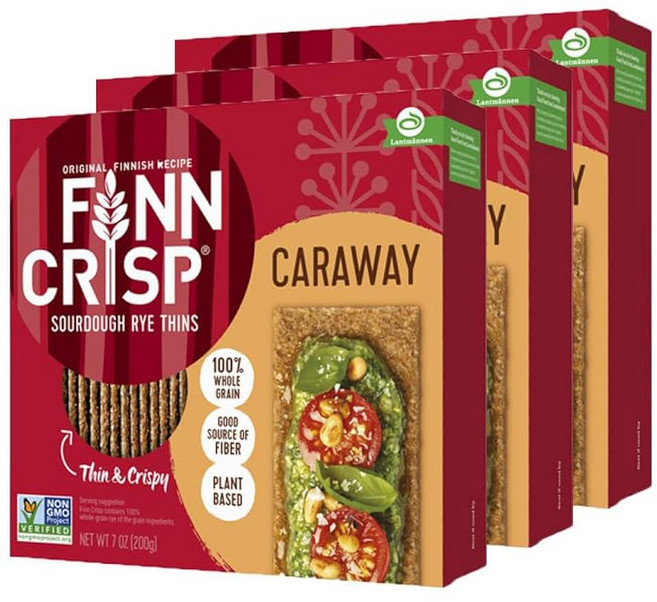 크리스프 호밀 크리스프레드 캐러웨이 7온스 포함 얇고 바삭한 플랫브레드 정통 핀란드 사워도우 멀티팩 크래커 3박스, 200g
