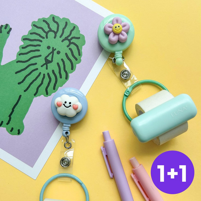 인싸 캐릭터 간호사 테이프걸이 2p 모음 사원증 릴홀더 1개, 보라스마일꽃_스마일구름