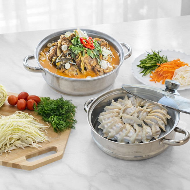 리빙업 2단 IH 인덕션 찜기 스테인레스 전골 냄비 스텐 채칼겸용, 1개, 28cm