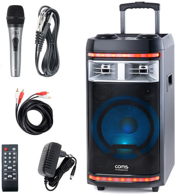 컴스 휴대용 블루투스 버스킹 앰프 스피커 노래방 마이크 CR400PBS 세트, 1. 스피커+유선마이크 1개+케이블