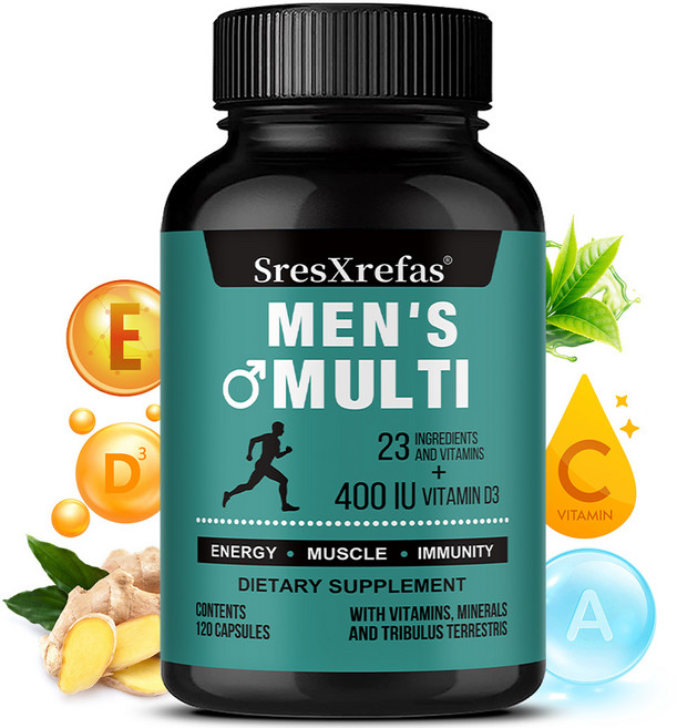 남성용 멀티비타민 보충제 - 생강 녹차 L-아르기닌 멀티비타민&미네랄 - 에너지 근육 면역력 건강 지원, 3개, 120정