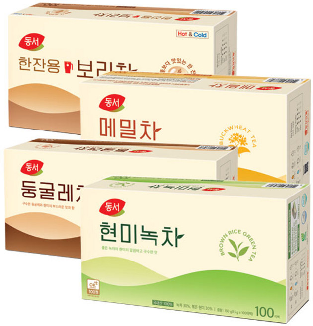 동서 현미녹차 100T + 동서 둥굴레차 100T + 동서 메밀차 100T + 동서 한잔 보리차 100T, 1.5g, 400개입, 1세트