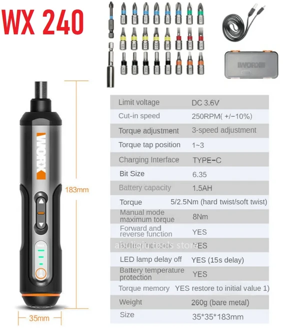 Worx 4V 미니 전기 스크루 드라이버 세트 WX242 스마트 무선 스크류 USB 충전식 30 비트 드릴 도구, 01 WX240, 1개