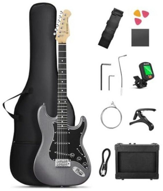 도너 DST-80B 일렉트릭 기타 초보자 세트 ST 타입 39인치 풀사이즈 미니 앰프 포함, 무광 검정