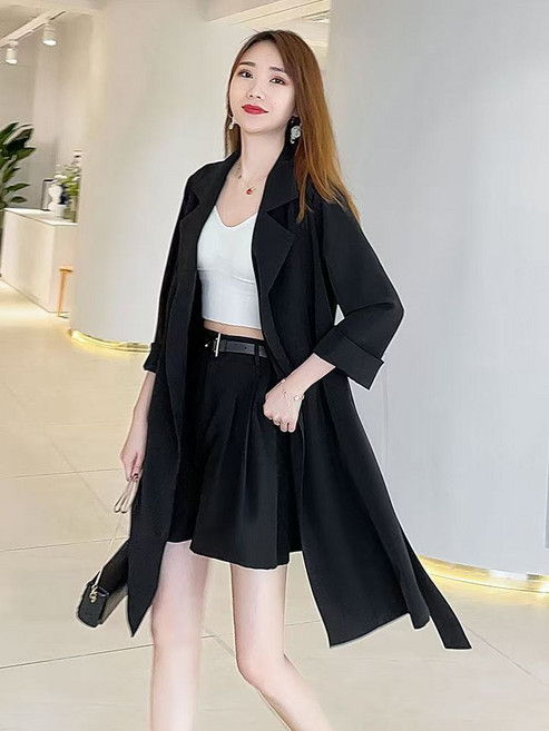 防曬衣女 中長款 春夏 防曬襯衫 開衫薄款風衣外套, 黑