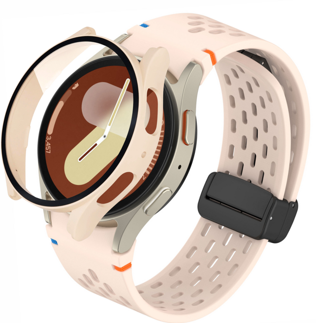 포근루프 갤럭시워치 호환 날개형 스포츠 실리콘 스트랩 타공 디버클 밴드 + PC 케이스, 핑크 + 핑크