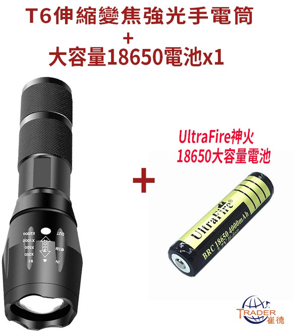 【聚光遠射伸縮變焦】T6 強光手電筒 戰術破窗器 防水 露營燈, 1個, 18650  T6 電池X1