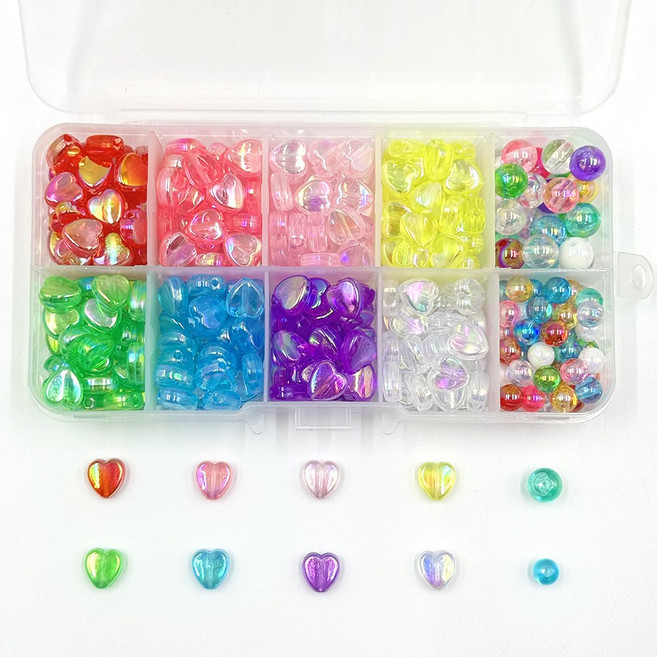 하트 별 비즈 10종 세트 키링 만들기 팔찌 목걸이 키트 오로라 믹스 비즈공예 재료, 1개, 하트 비즈 세트