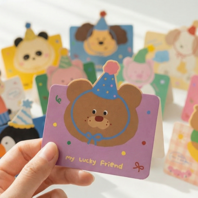 올리올망 동물 캐릭터 미니 생일 축하 카드, 24개, 12종