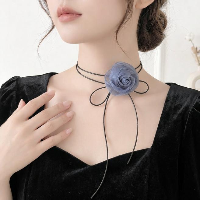 아이루리 시스루 로즈 멜로우 끈 초커 목걸이 로맨틱 장미 코사지 러블리 꽃 데이트룩