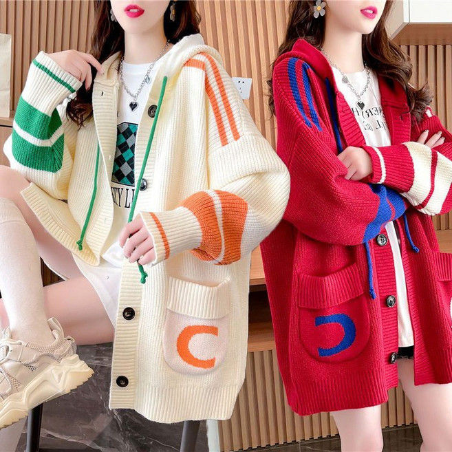 간절기 오버핏 루즈핏 후드 니트 가디건 봄가을 도톰하고 나른한 버튼 프린팅 상의 따뜻한 빅포켓 스웨터 후드 코트