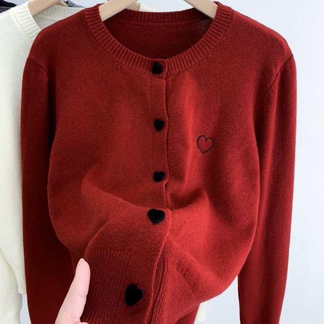 하모리 귀여운 하트버튼 따뜻하고 부드러운 라운드넥 긴팔 니트 가디건