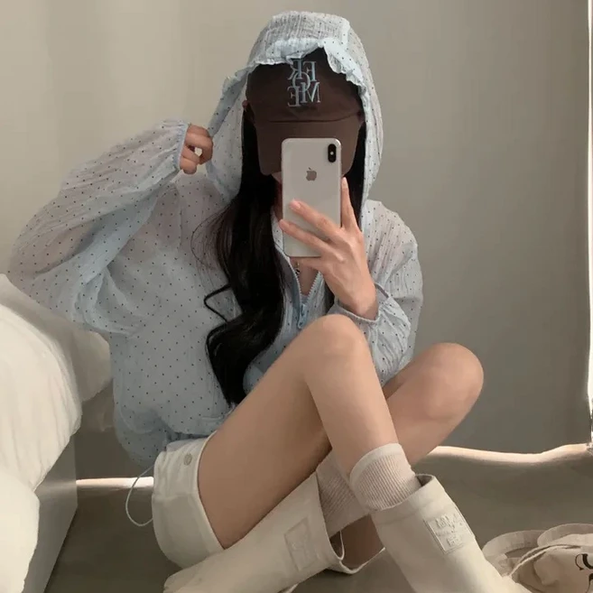 FINE ART 도트 자외선 차단 자켓 코트 얇은 스트링 집업 후드 가디건 긴팔 점퍼