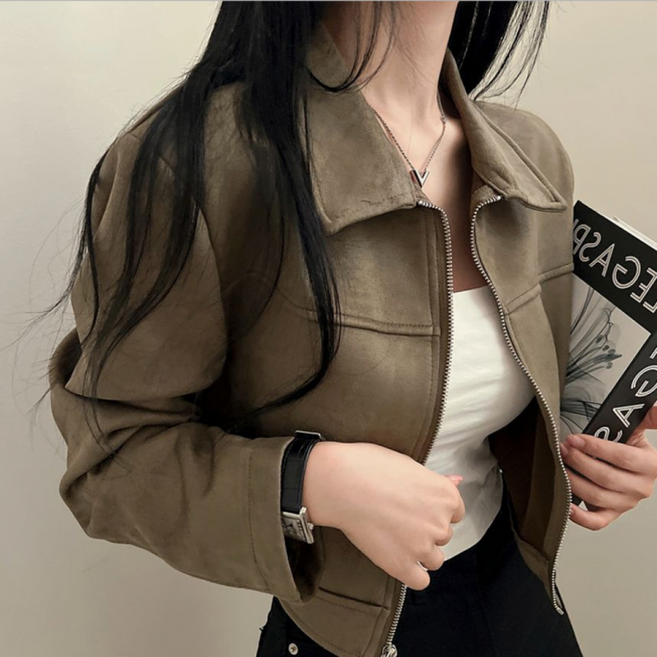 여성크롭자켓 가죽점퍼 버놀 스웨이드 오버핏 크롭 자켓 바람막이 출퇴근 현장근무복