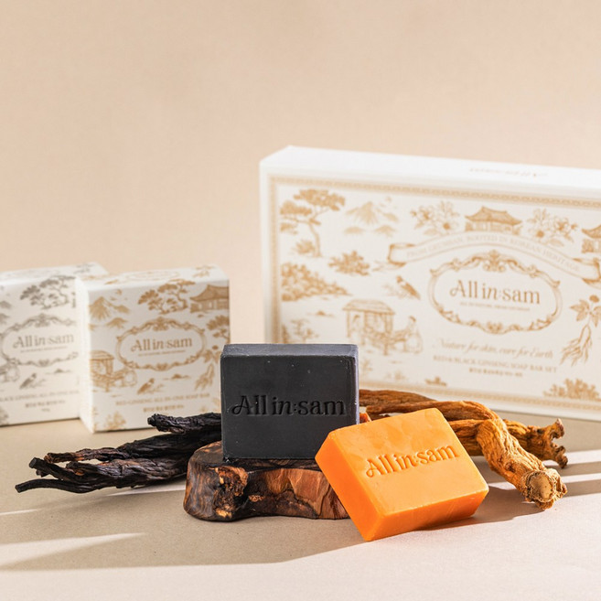 올인삼 홍삼 앤 흑삼 올인원 비누 세트 선물용 약산성 천연 저자극 샴푸바 바디바 페이스바