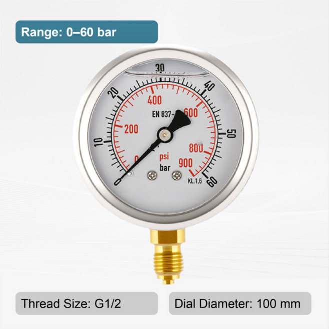 진동 방지 스테인리스 압력 게이지 0-1000bar PSI 이중 눈금 100mm G1/2 라디얼 장착 고정밀 산업용 유압 오일 측정기, [06] 0-60bar