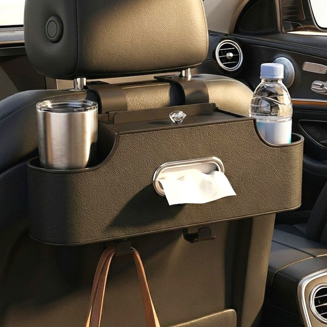 차량용 뒷좌석 멀티 수납함 컵홀더 트레이 2구 걸이형, 블랙, 1개