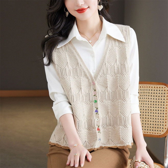 TKX 여성용 캐주얼 니트 조끼 봄가을용 엄마룩 가을니트 복고풍 오버핏 스타일리시 KY97