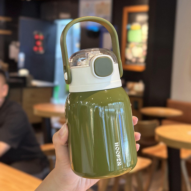 HOOPEN 不鏽鋼吸管保溫杯 簡約便攜戶外水杯, 軍綠色, 1套, 500ml