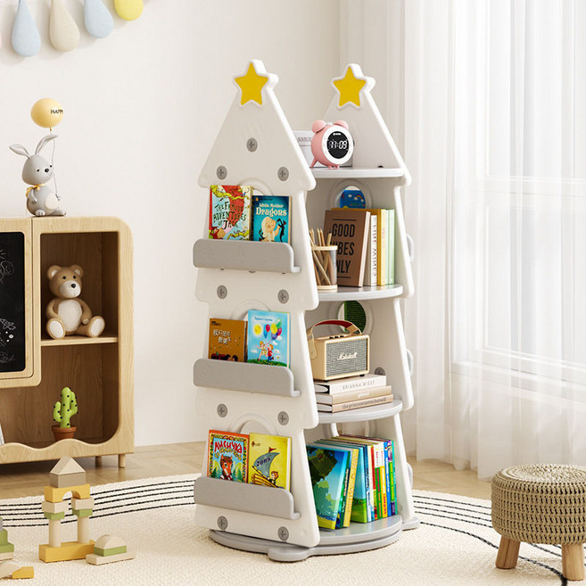 兒童旋轉書架 360度書櫃 旋轉書架/收納架+小側板【米色】, 聖誕綠旋轉書架/收納架+小側板【米色】
