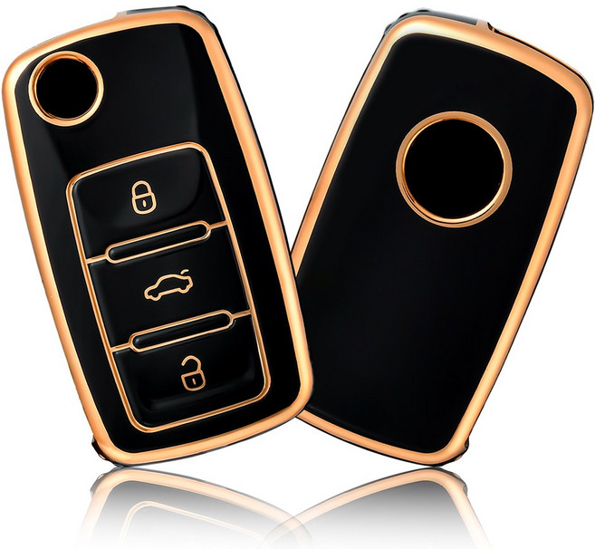 OFFCURVE TPU 폭스바겐 자동차 엣지라인 3버튼 골프5/6세대 투아렉 제타 페이톤 풀커버 스마트키 적용 키케이스 기홀터 단품, 02, 블랙 골드