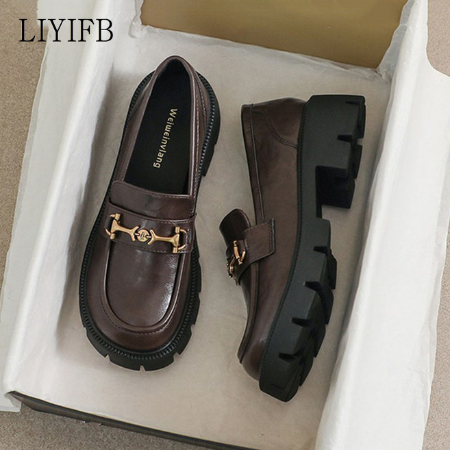 LIYIFB 빈티지 여성 통굽 로퍼 구두 키높이 여성 빅사이즈 로퍼 260-225