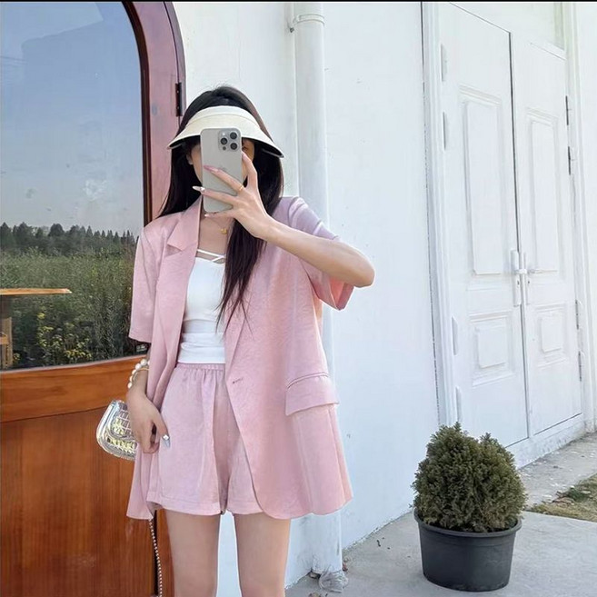 여름 여자 정장 투피스 반팔 카라넥 정장 코트 와이드 반바지 여성 캐주얼 세트 LCL