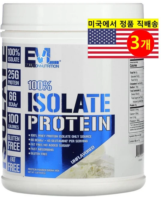 EVLution Nutrition 100% 분리 유청 프로틴 파우더 무맛 Isolate Protein 454g, 3개 - 쿠팡